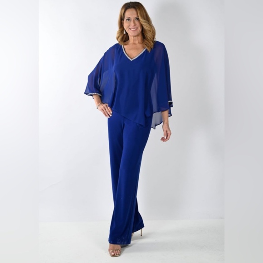 Frank Lyman NWT Women's Imperial Blue Pants‎ Outfit w/ Chiffon Overlay Size L